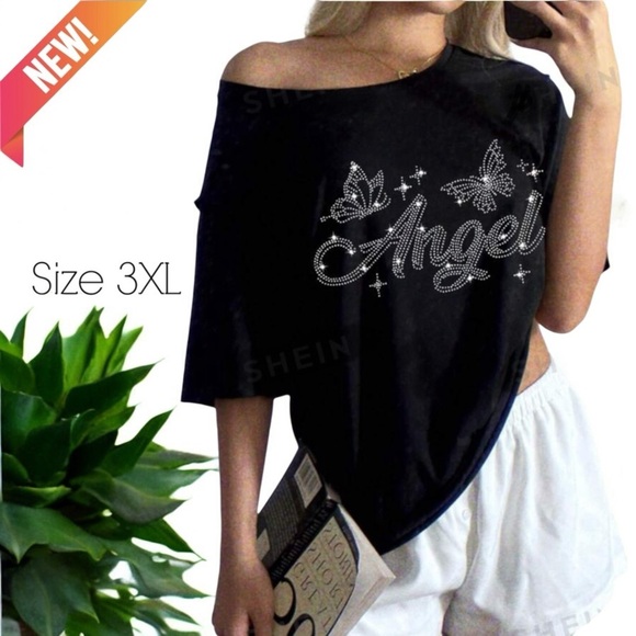 Tops - NWT Rhinestone Butterfly & Angel Graphic Loose Short Sleeve Tee Shirt
